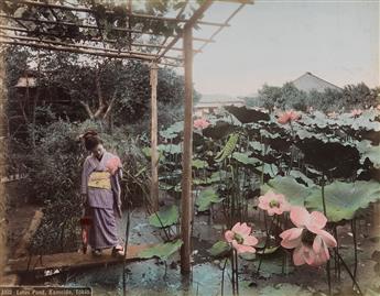 (JAPAN--TOKYO, KYOTO, ET AL.) A beautiful album with approx. 50 hand-colored photographs of landscapes, temples, gardens, and cities.